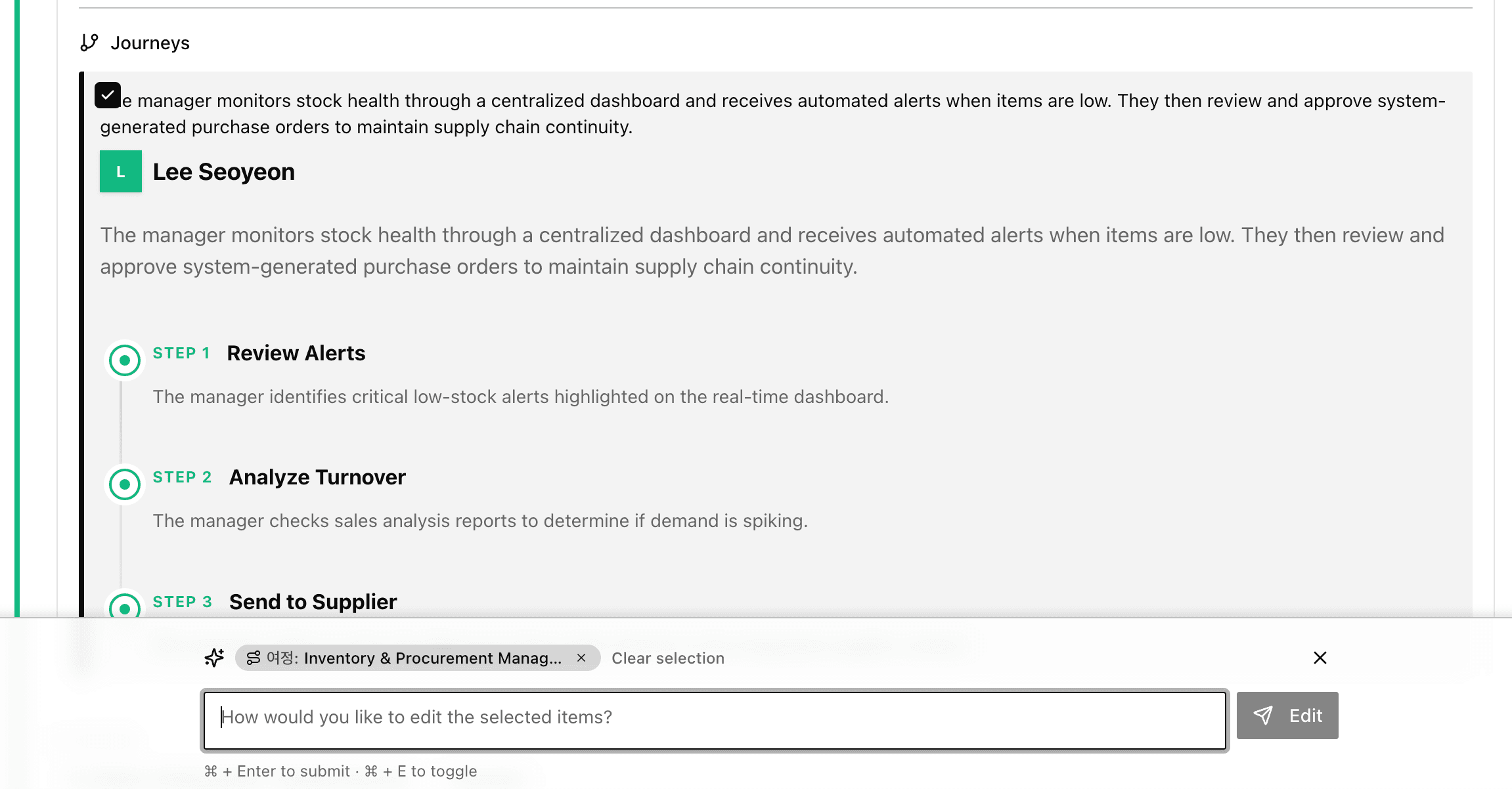 Screenshot of Wizard Flow Chat showing selection of generated results as context