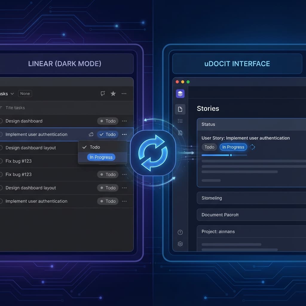 Split screen showing Linear status update reflecting in uDocit